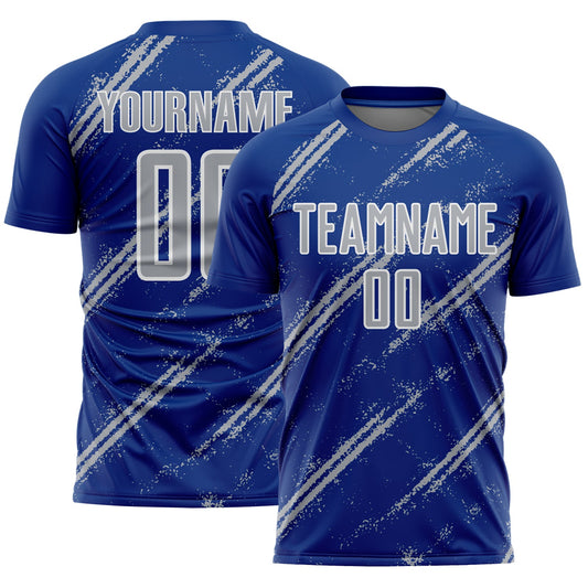 Custom Royal Gray-White Abstract Fragment Art Splash Sublimation Soccer Uniform Jersey - Main View