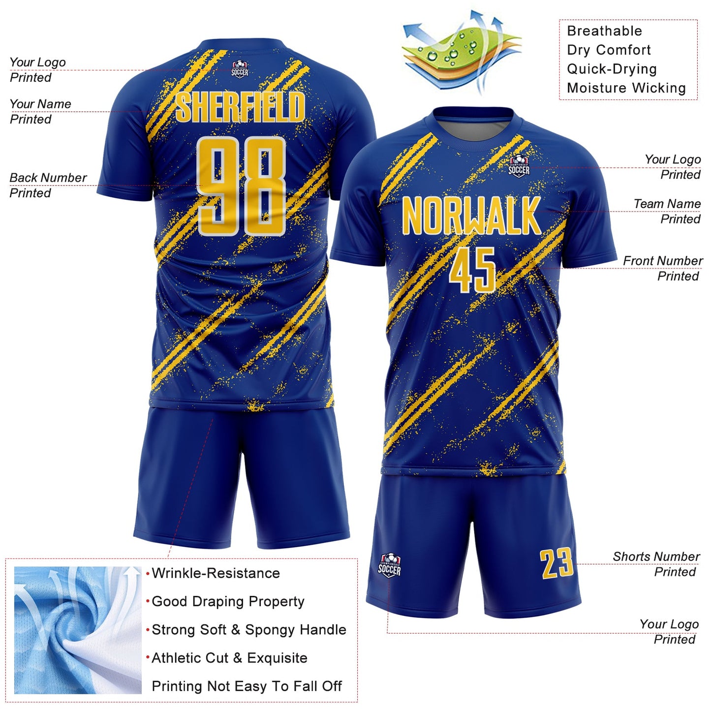 Custom Royal Yellow-White Abstract Fragment Art Splash Sublimation Soccer Uniform Jersey view 4