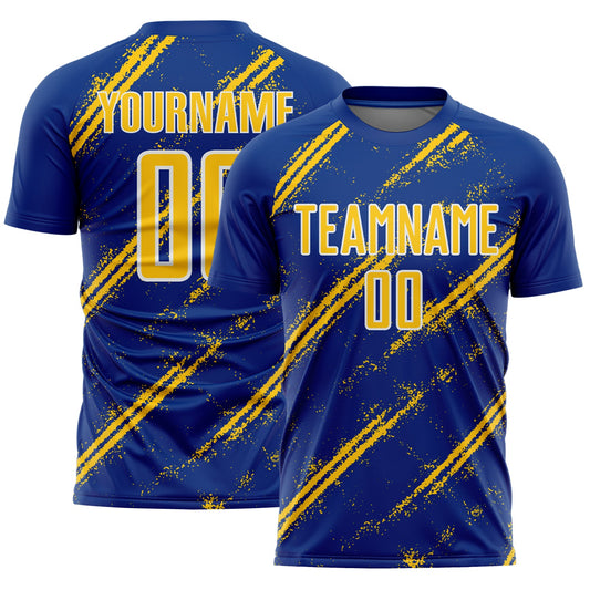 Custom Royal Yellow-White Abstract Fragment Art Splash Sublimation Soccer Uniform Jersey - Main View