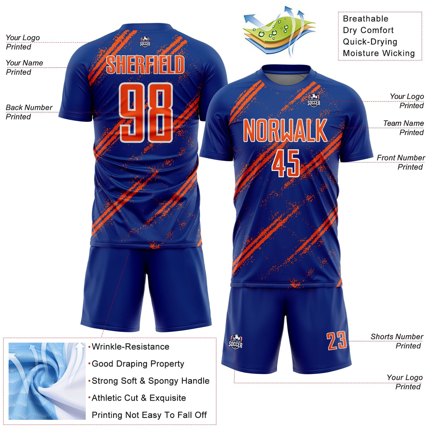 Custom Royal Orange-White Abstract Fragment Art Splash Sublimation Soccer Uniform Jersey view 4