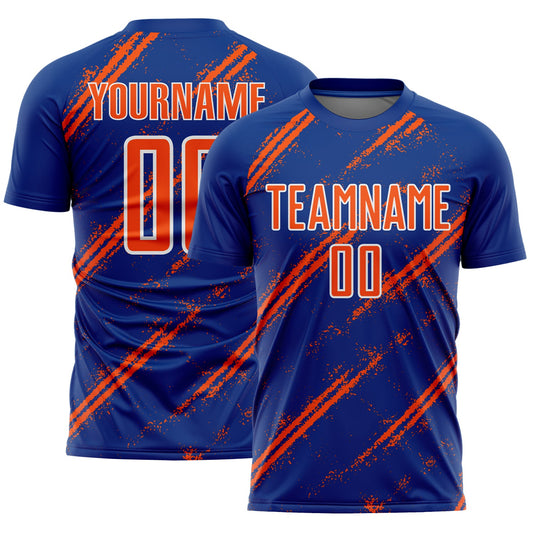 Custom Royal Orange-White Abstract Fragment Art Splash Sublimation Soccer Uniform Jersey - Main View