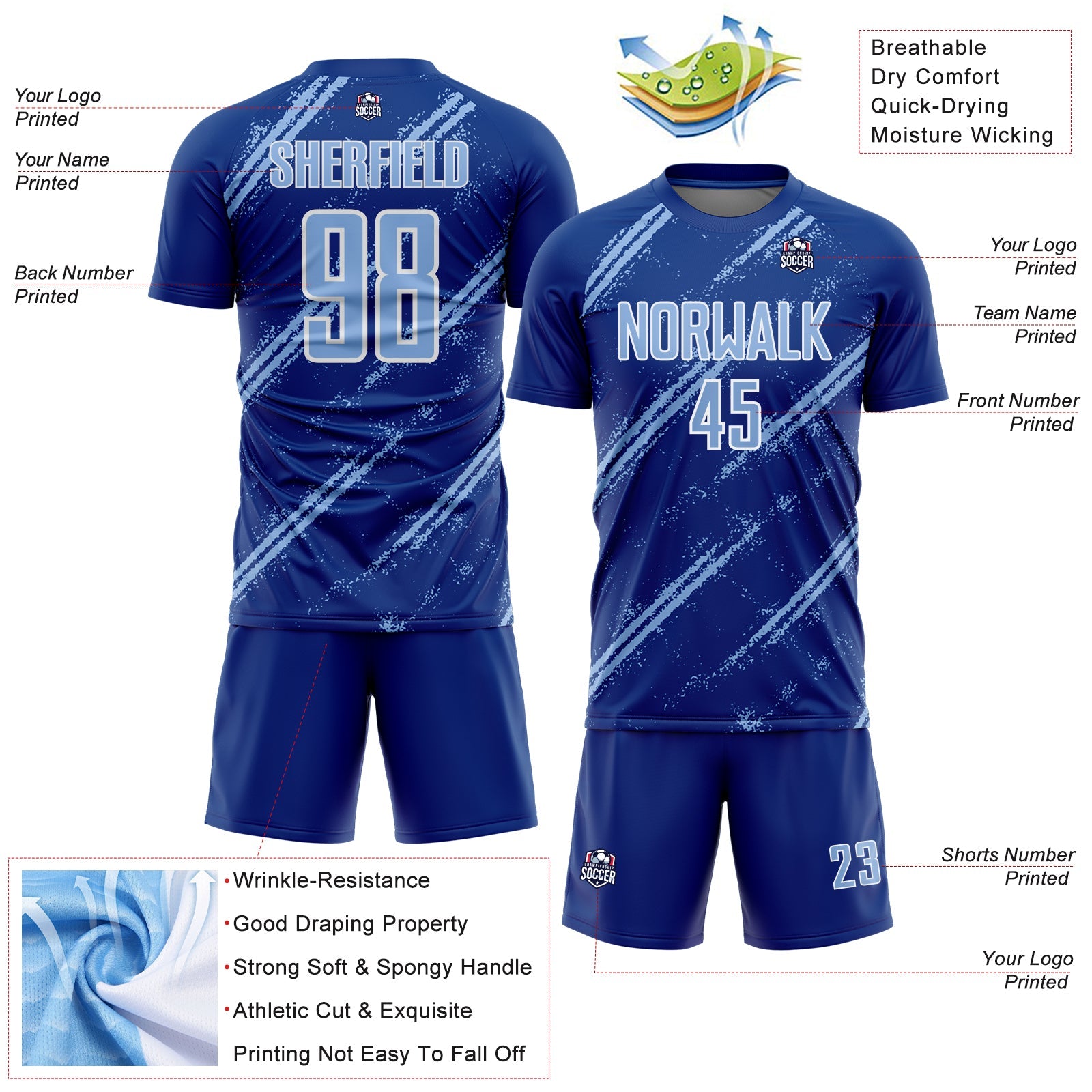 Custom Royal Light Blue-White Abstract Fragment Art Splash Sublimation Soccer Uniform Jersey view 4