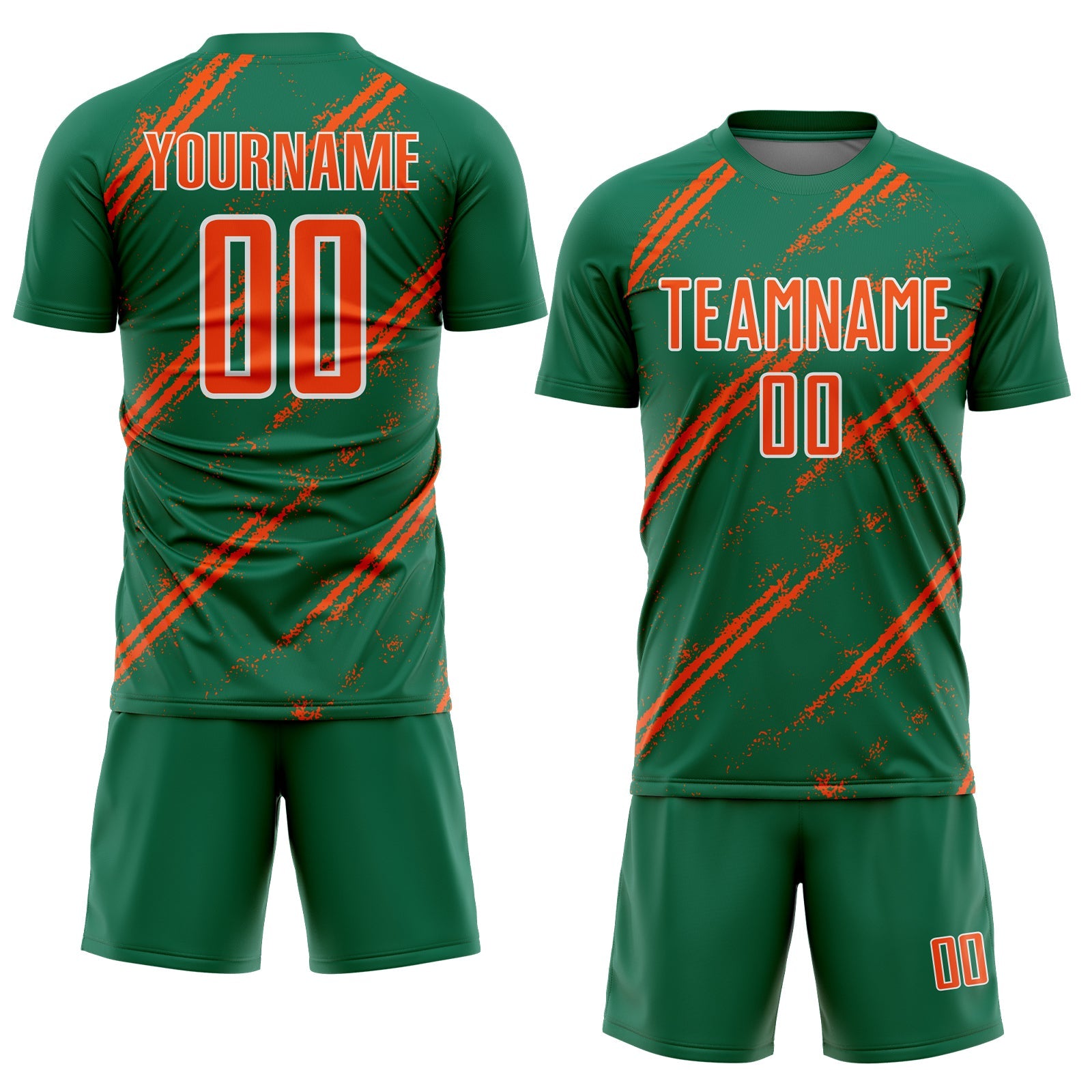Custom Kelly Green Orange-White Abstract Fragment Art Splash Sublimation Soccer Uniform Jersey view 2