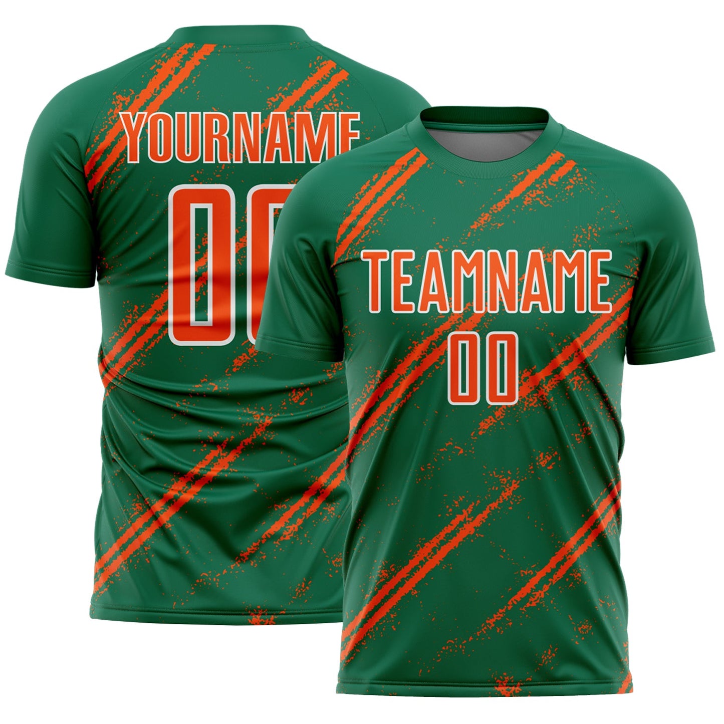 Custom Kelly Green Orange-White Abstract Fragment Art Splash Sublimation Soccer Uniform Jersey - Main View