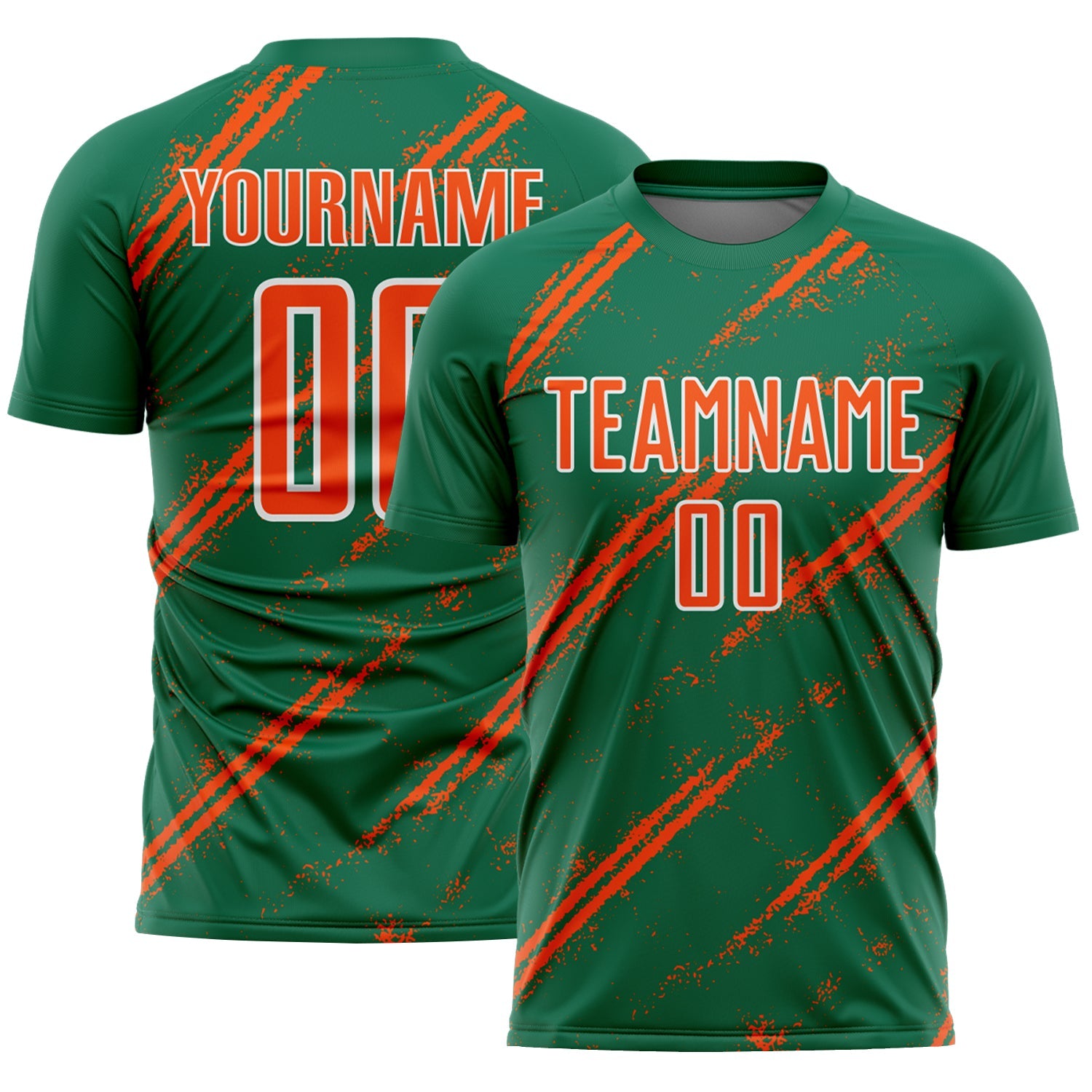 Custom Kelly Green Orange-White Abstract Fragment Art Splash Sublimation Soccer Uniform Jersey - Main View