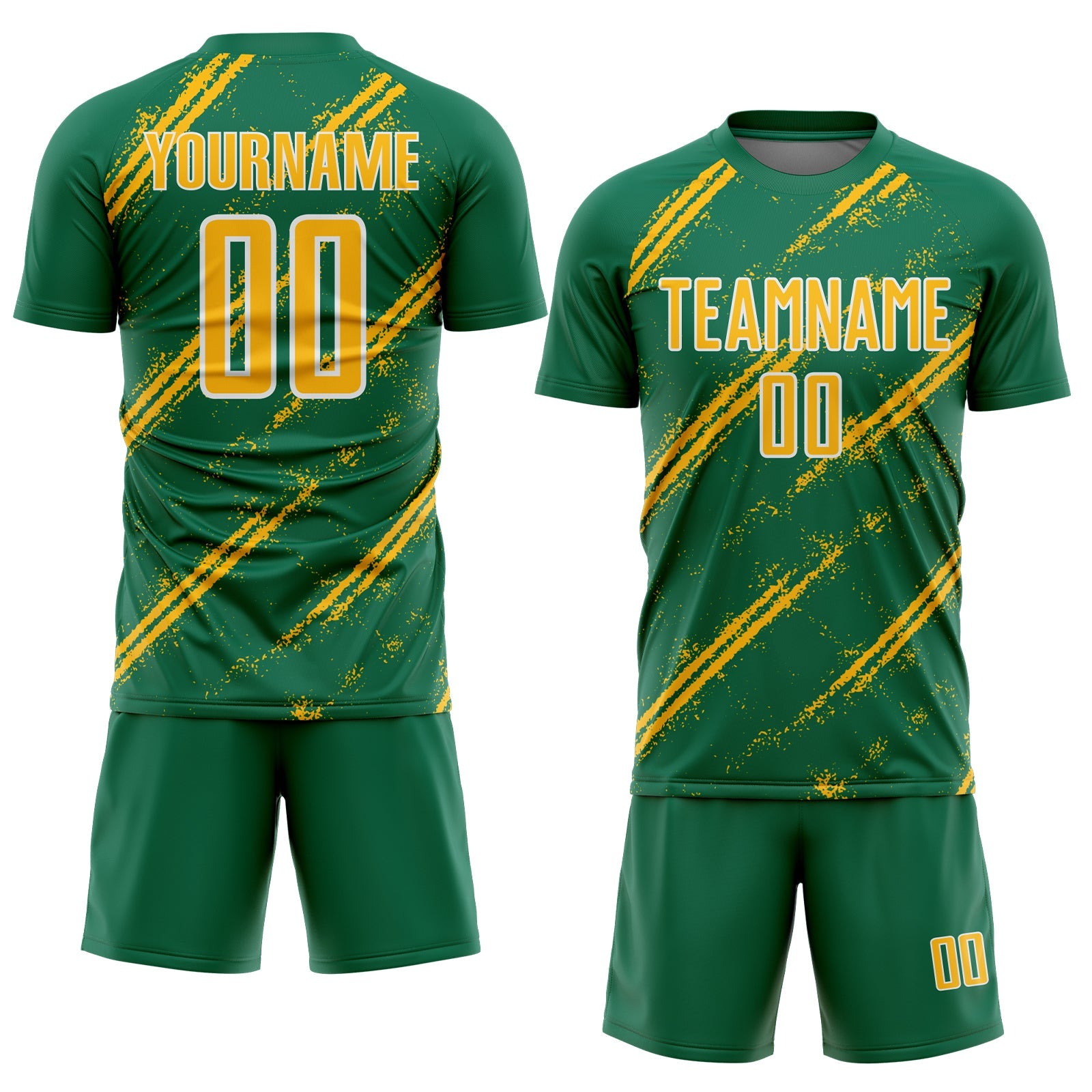 Custom Kelly Green Gold-White Abstract Fragment Art Splash Sublimation Soccer Uniform Jersey view 2