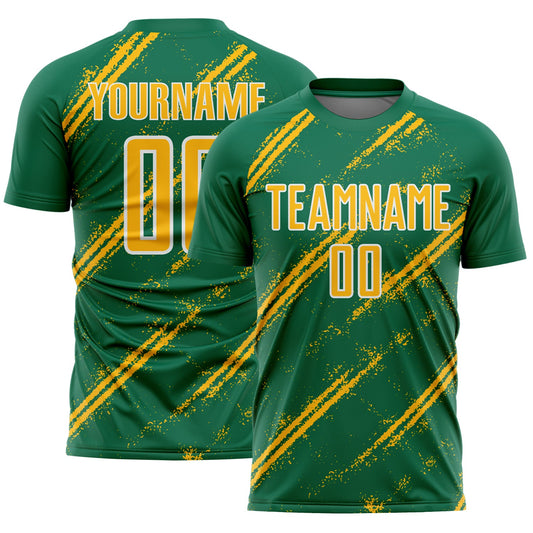 Custom Kelly Green Gold-White Abstract Fragment Art Splash Sublimation Soccer Uniform Jersey - Main View