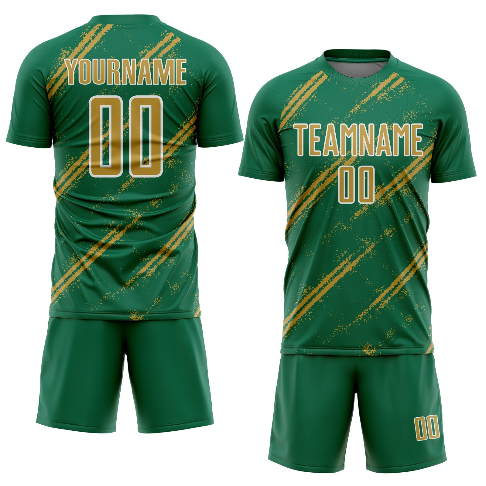Custom Kelly Green Old Gold-White Abstract Fragment Art Splash Sublimation Soccer Uniform Jersey view 2