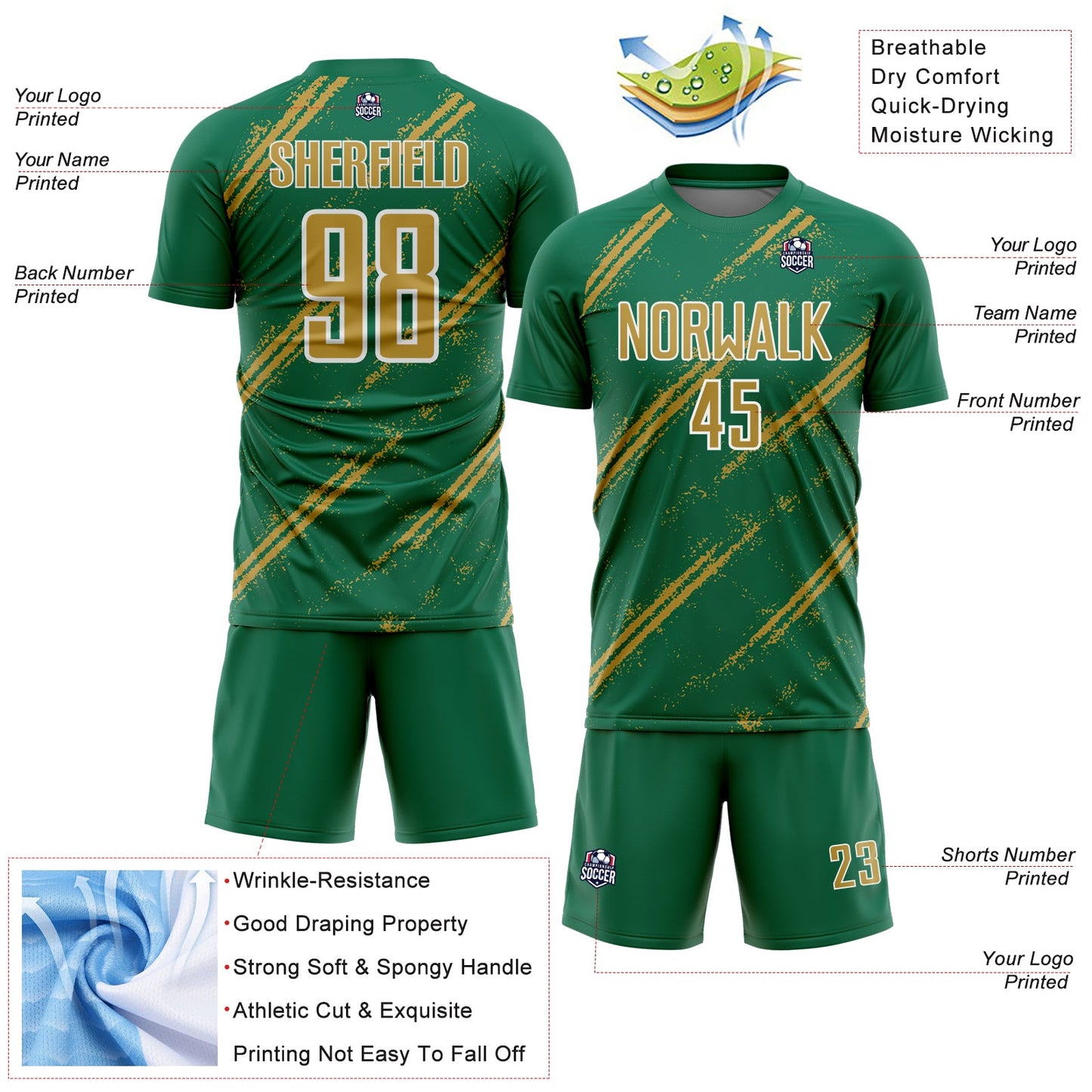 Custom Kelly Green Old Gold-White Abstract Fragment Art Splash Sublimation Soccer Uniform Jersey view 4