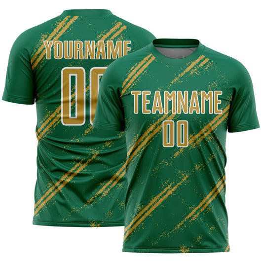 Custom Kelly Green Old Gold-White Abstract Fragment Art Splash Sublimation Soccer Uniform Jersey - Main View