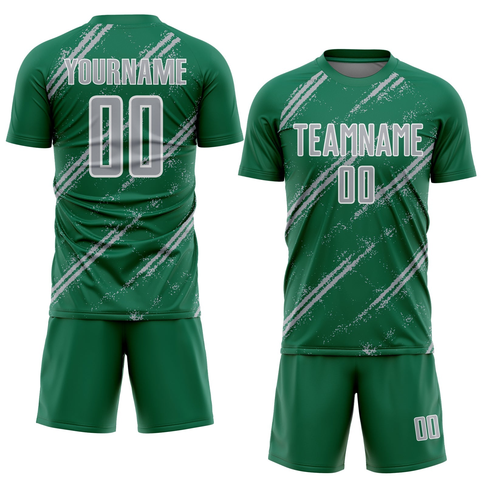 Custom Kelly Green Gray-White Abstract Fragment Art Splash Sublimation Soccer Uniform Jersey view 2