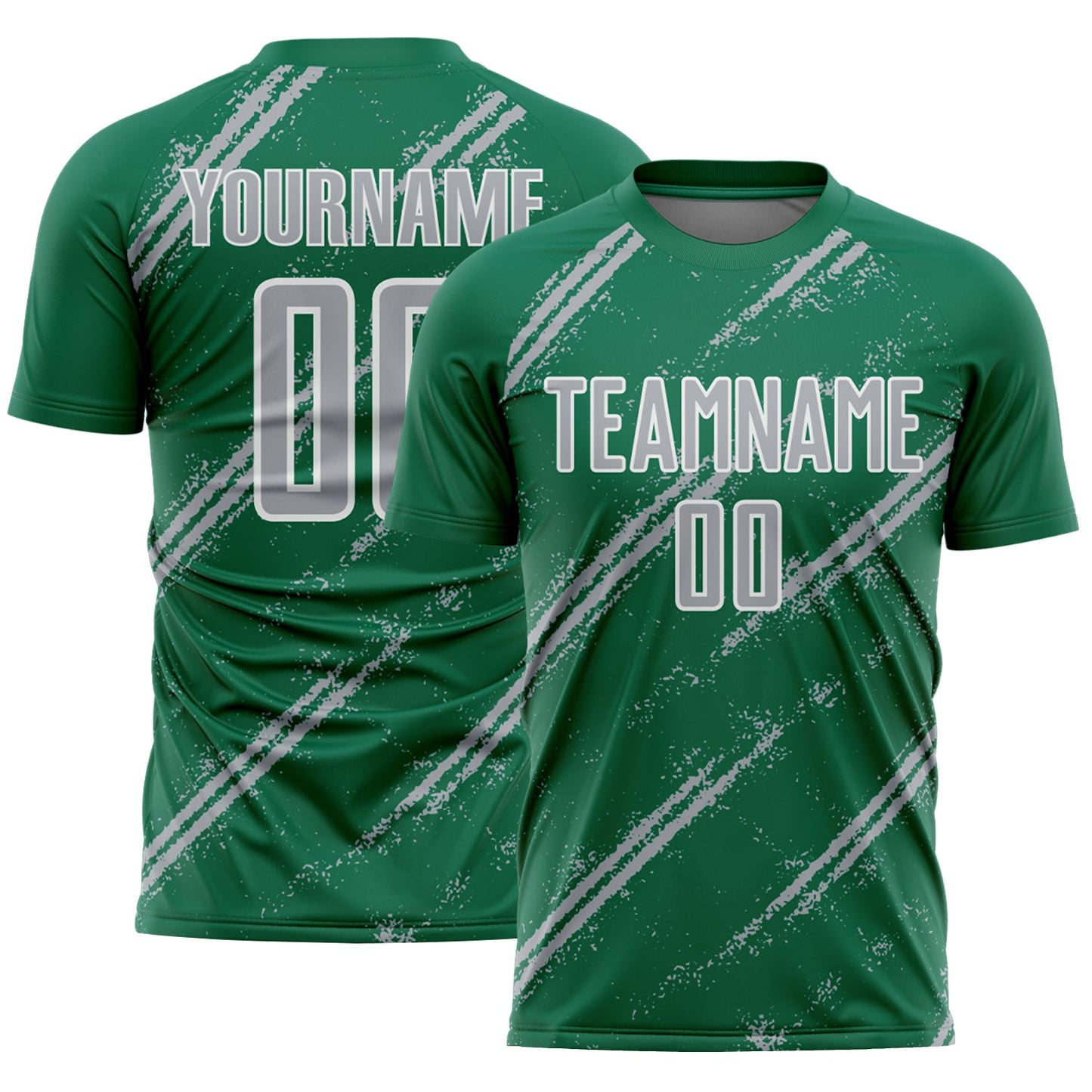 Custom Kelly Green Gray-White Abstract Fragment Art Splash Sublimation Soccer Uniform Jersey - Main View