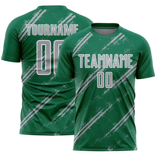 Custom Kelly Green Gray-White Abstract Fragment Art Splash Sublimation Soccer Uniform Jersey - Main View