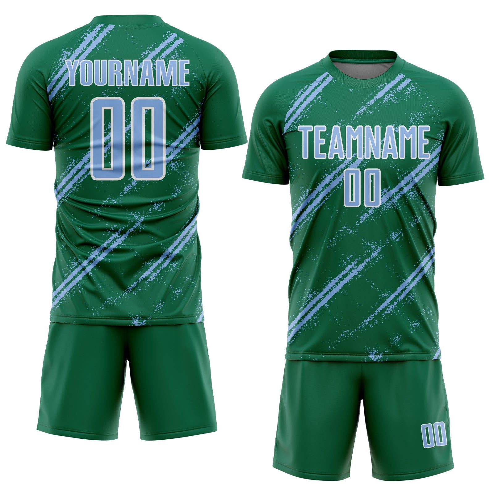 Custom Kelly Green Light Blue-White Abstract Fragment Art Splash Sublimation Soccer Uniform Jersey view 2