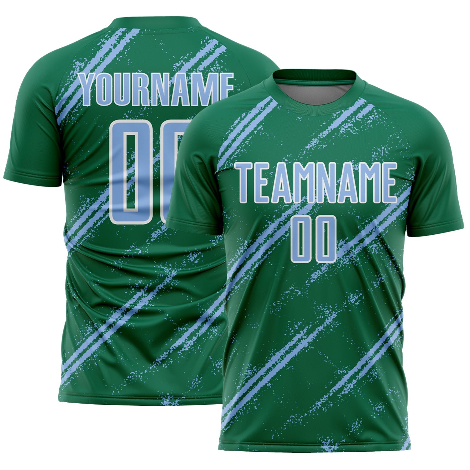 Custom Kelly Green Light Blue-White Abstract Fragment Art Splash Sublimation Soccer Uniform Jersey - Main View