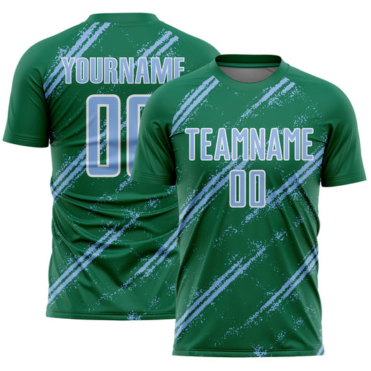 Custom Kelly Green Light Blue-White Abstract Fragment Art Splash Sublimation Soccer Uniform Jersey - Main View