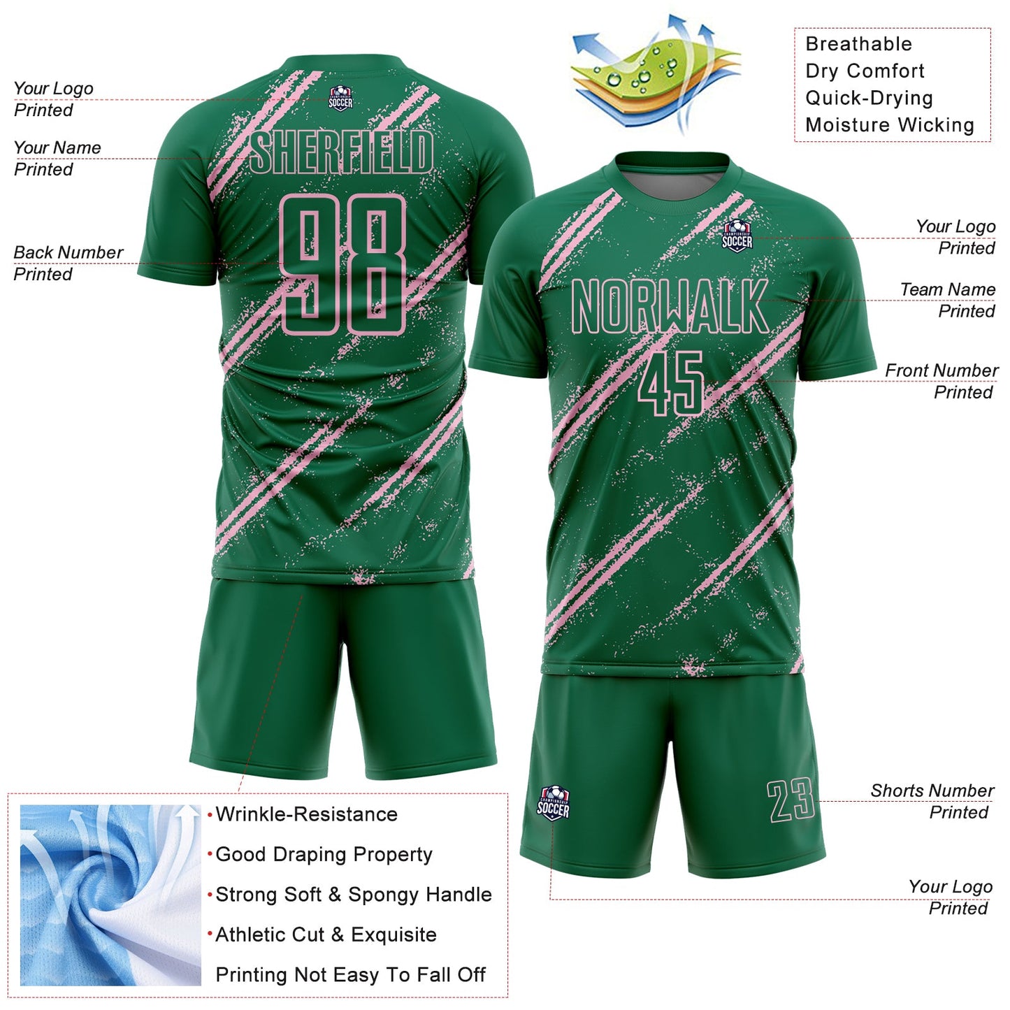 Custom Kelly Green Light Pink Abstract Fragment Art Splash Sublimation Soccer Uniform Jersey view 4