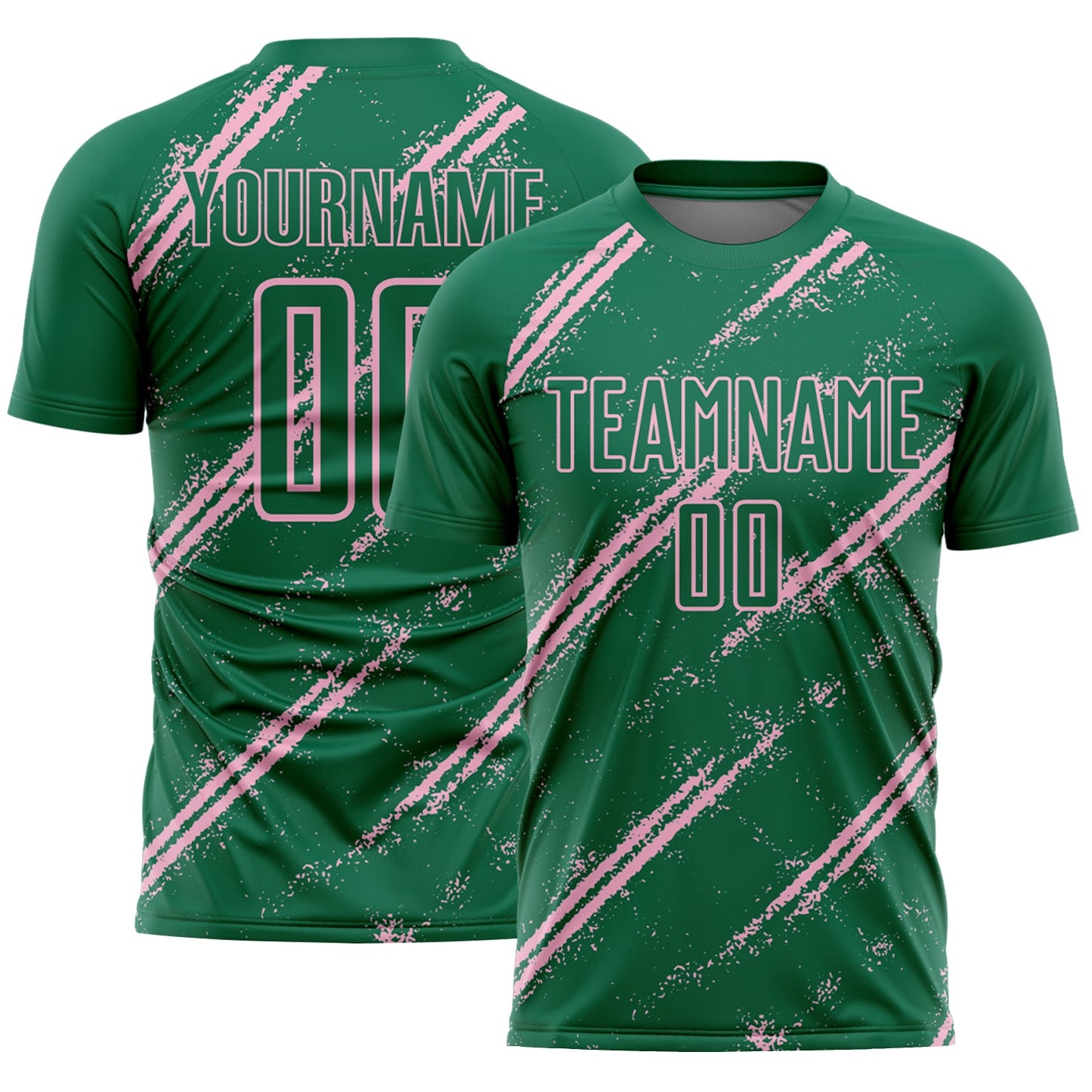 Custom Kelly Green Light Pink Abstract Fragment Art Splash Sublimation Soccer Uniform Jersey - Main View