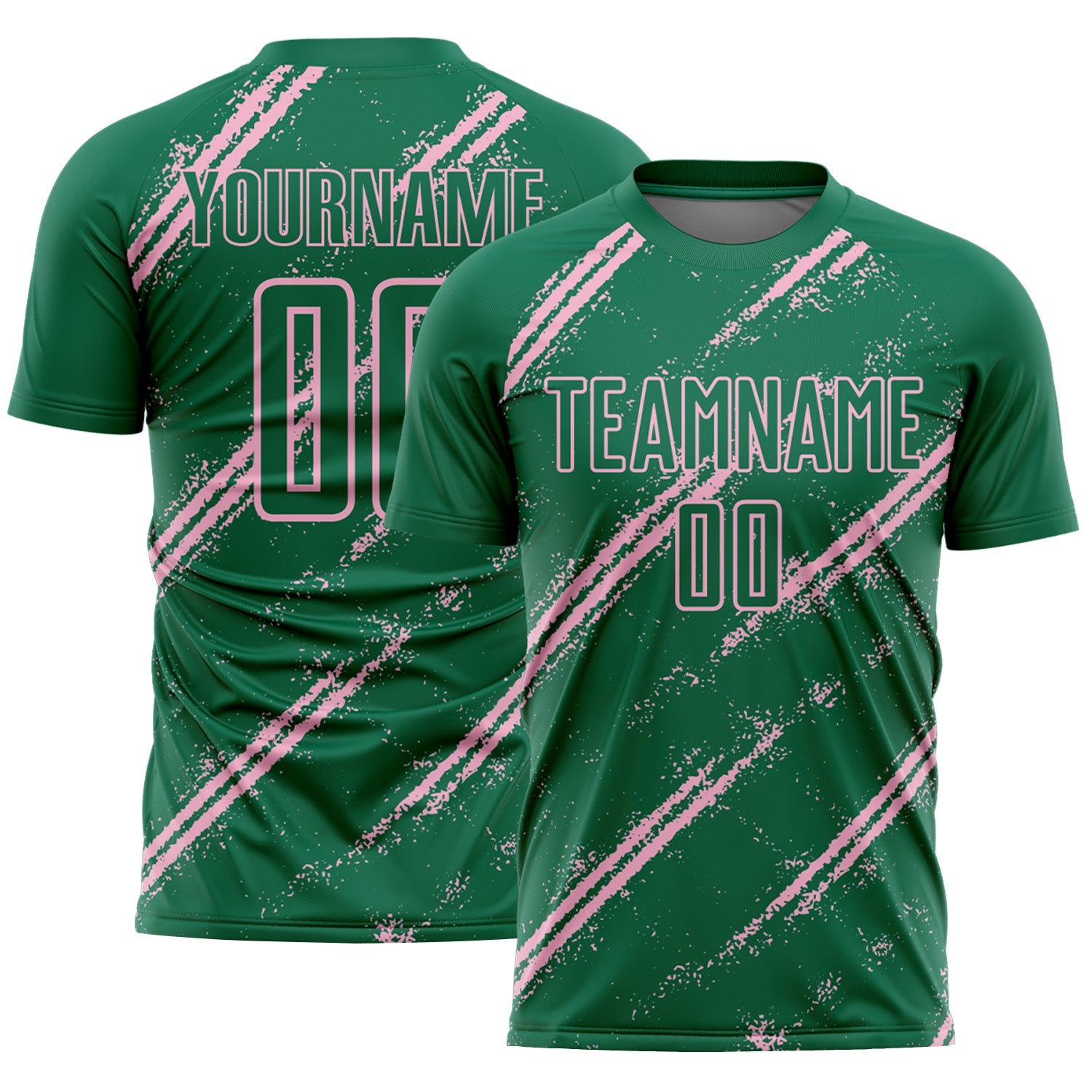 Custom Kelly Green Light Pink Abstract Fragment Art Splash Sublimation Soccer Uniform Jersey - Main View