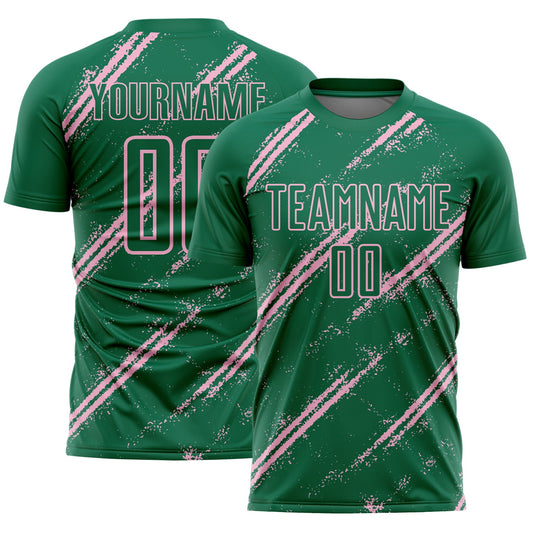Custom Kelly Green Light Pink Abstract Fragment Art Splash Sublimation Soccer Uniform Jersey - Main View