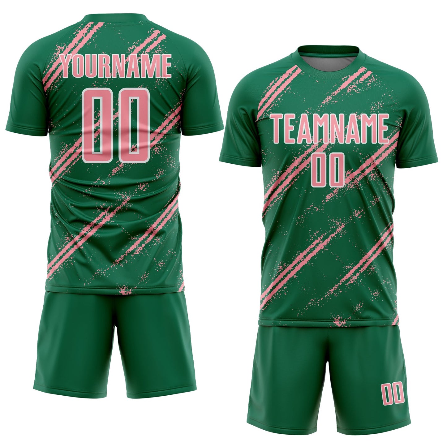 Custom Kelly Green Medium Pink-White Abstract Fragment Art Splash Sublimation Soccer Uniform Jersey view 2
