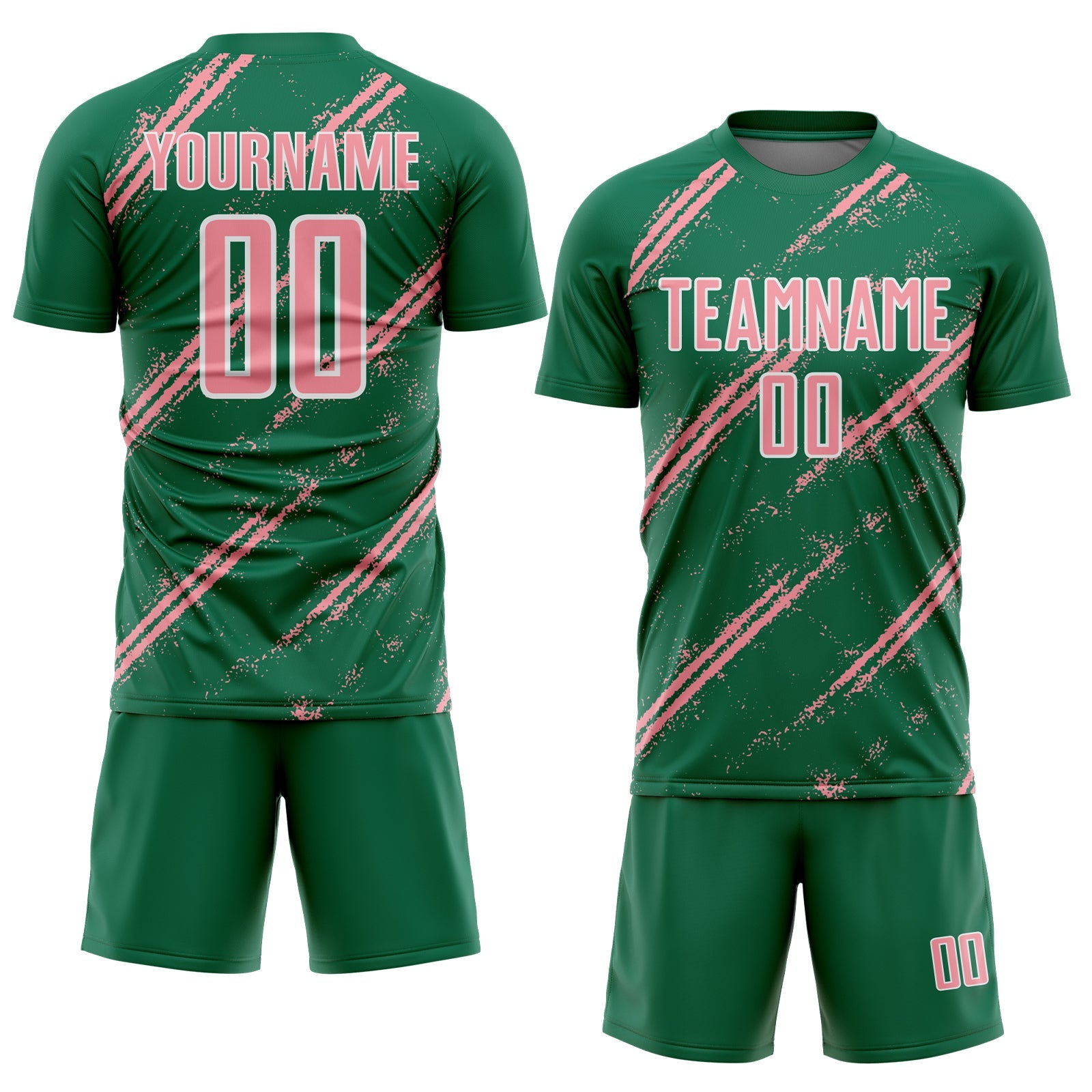 Custom Kelly Green Medium Pink-White Abstract Fragment Art Splash Sublimation Soccer Uniform Jersey view 2