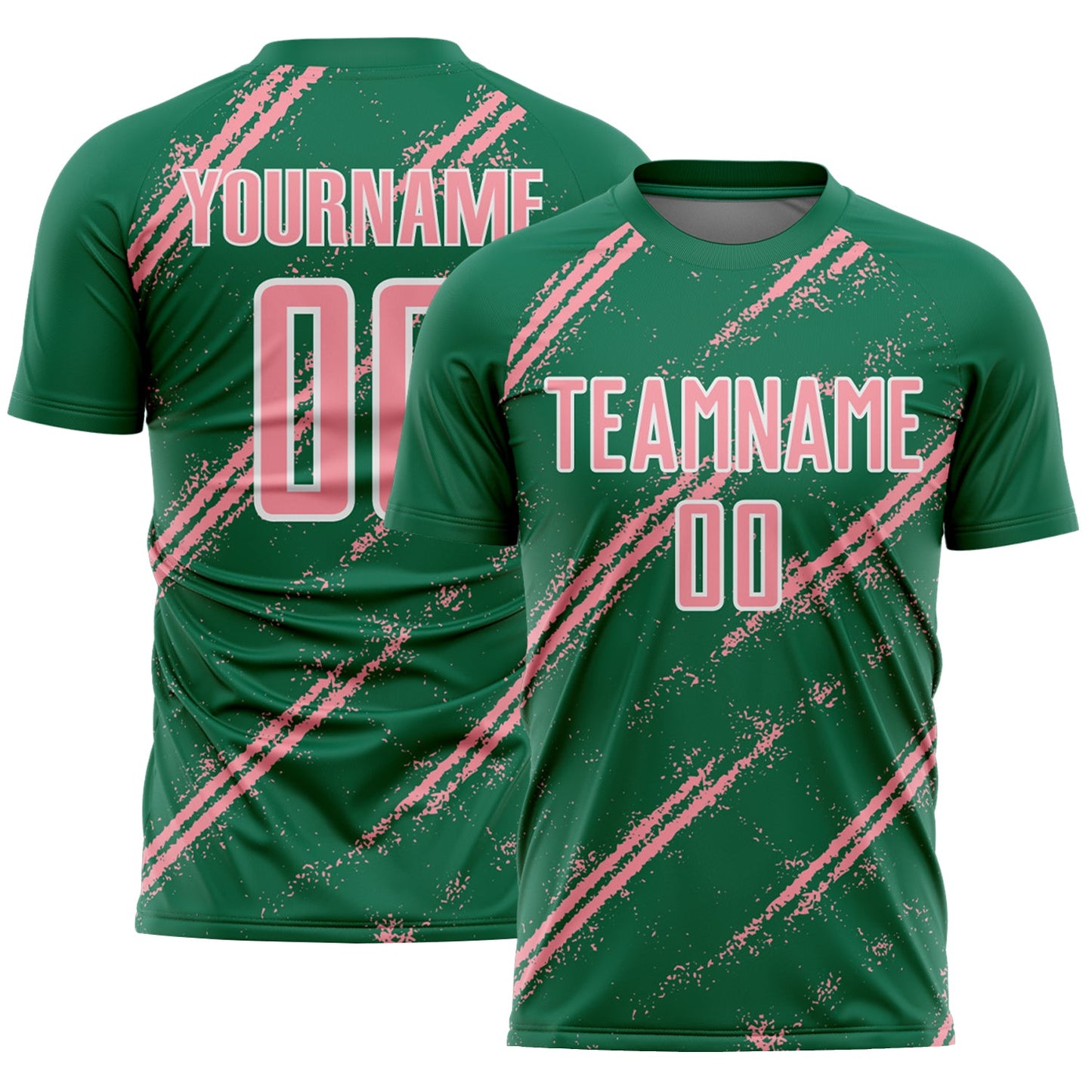 Custom Kelly Green Medium Pink-White Abstract Fragment Art Splash Sublimation Soccer Uniform Jersey - Main View