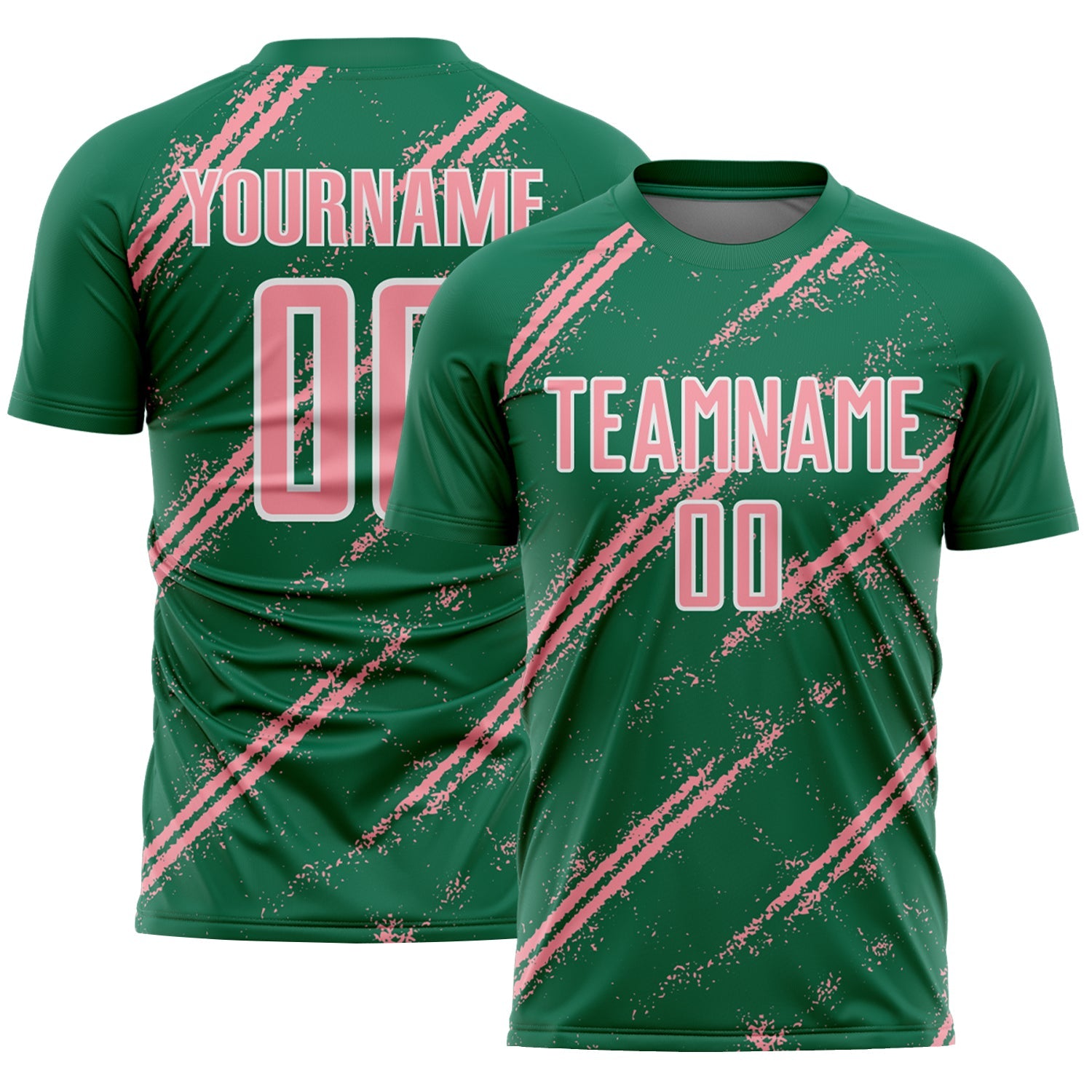 Custom Kelly Green Medium Pink-White Abstract Fragment Art Splash Sublimation Soccer Uniform Jersey - Main View