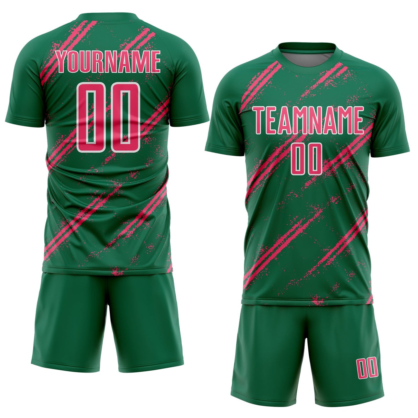 Custom Kelly Green Neon Pink-White Abstract Fragment Art Splash Sublimation Soccer Uniform Jersey view 2