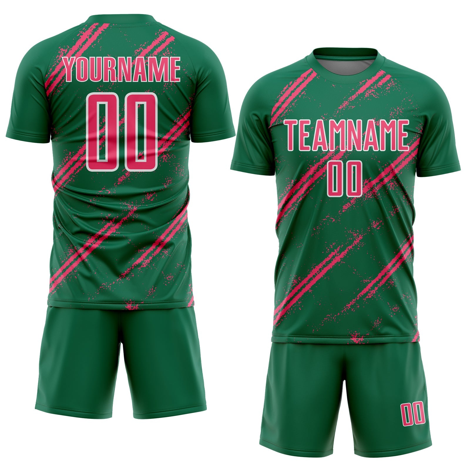 Custom Kelly Green Neon Pink-White Abstract Fragment Art Splash Sublimation Soccer Uniform Jersey view 2