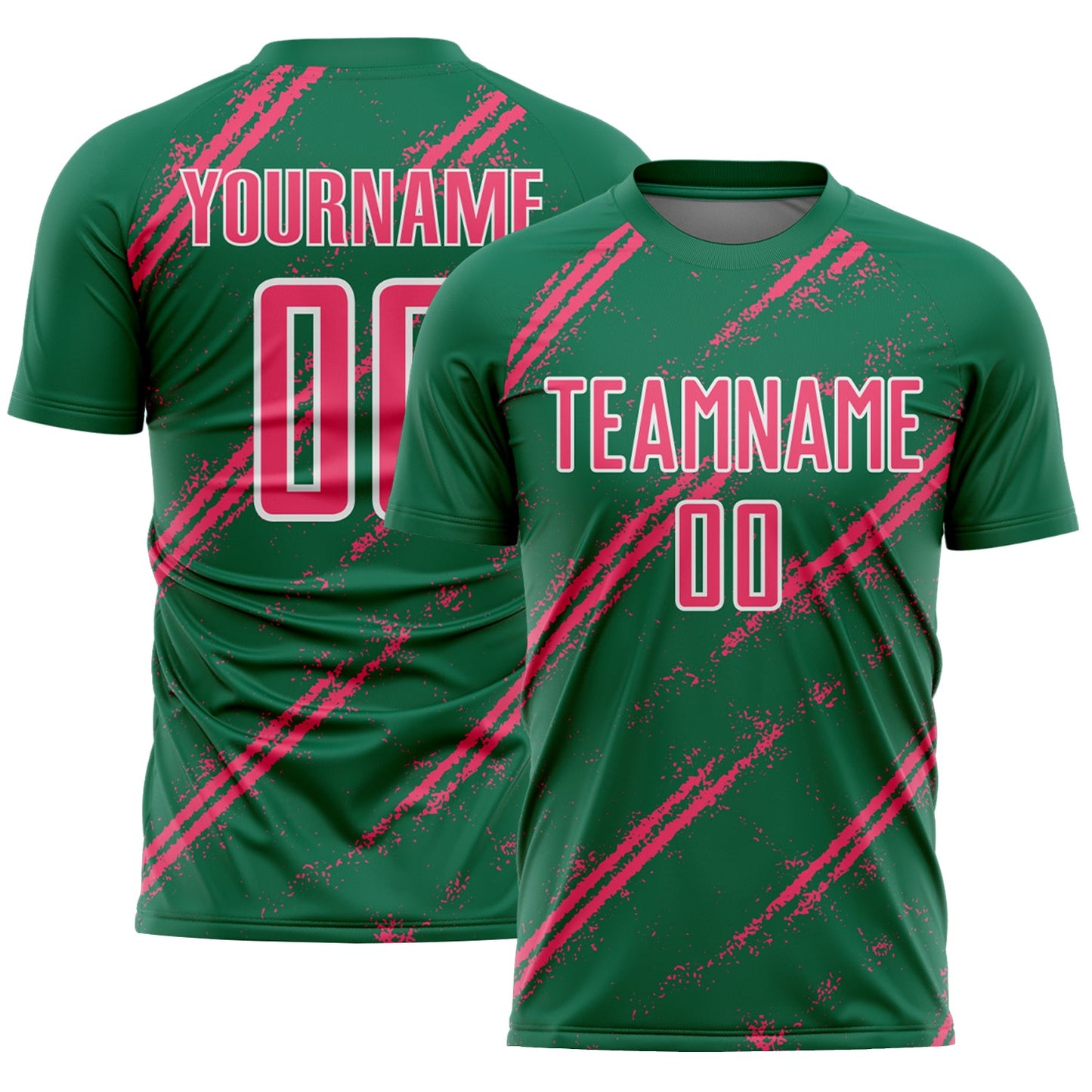 Custom Kelly Green Neon Pink-White Abstract Fragment Art Splash Sublimation Soccer Uniform Jersey - Main View