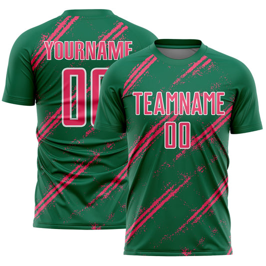 Custom Kelly Green Neon Pink-White Abstract Fragment Art Splash Sublimation Soccer Uniform Jersey - Main View