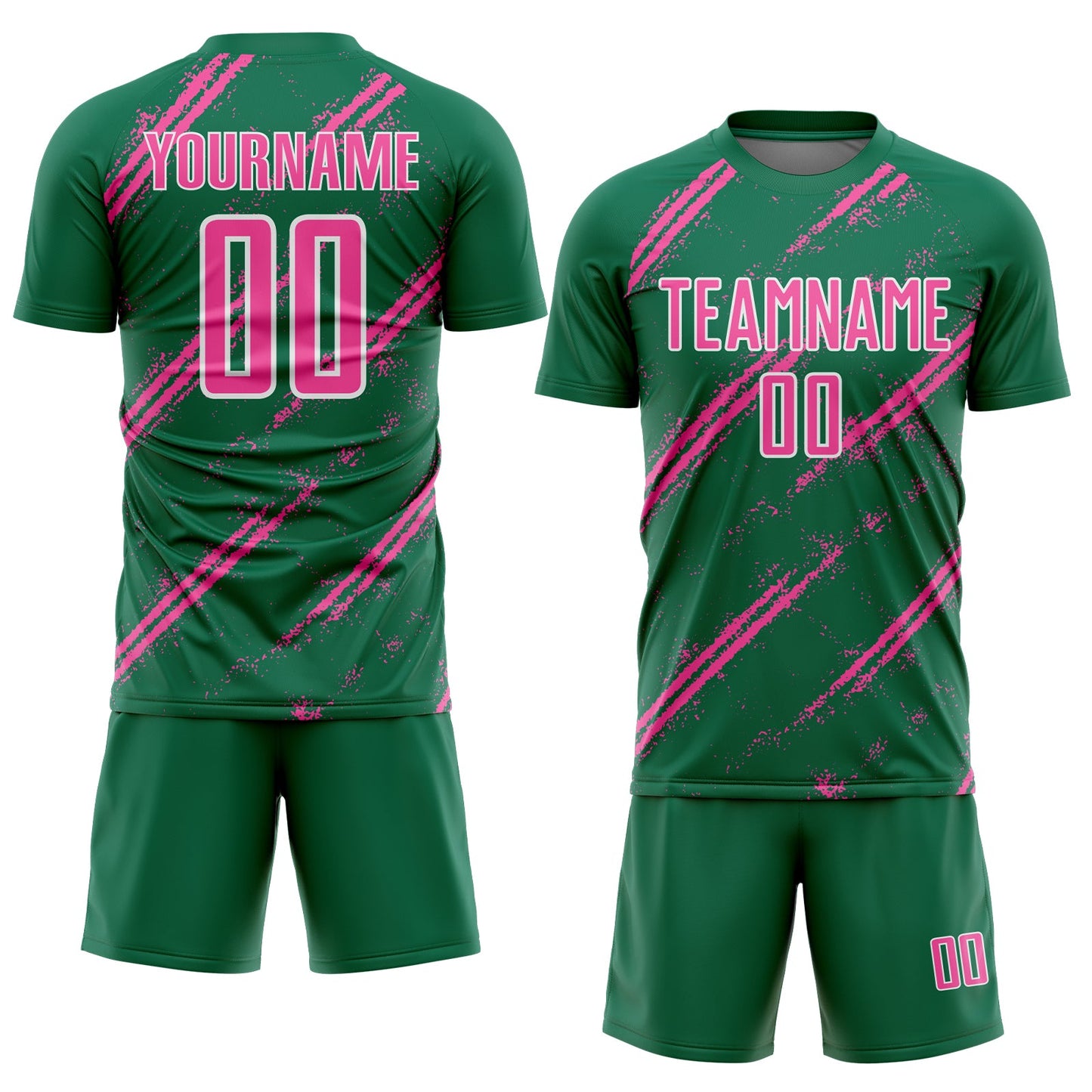 Custom Kelly Green Pink-White Abstract Fragment Art Splash Sublimation Soccer Uniform Jersey view 2