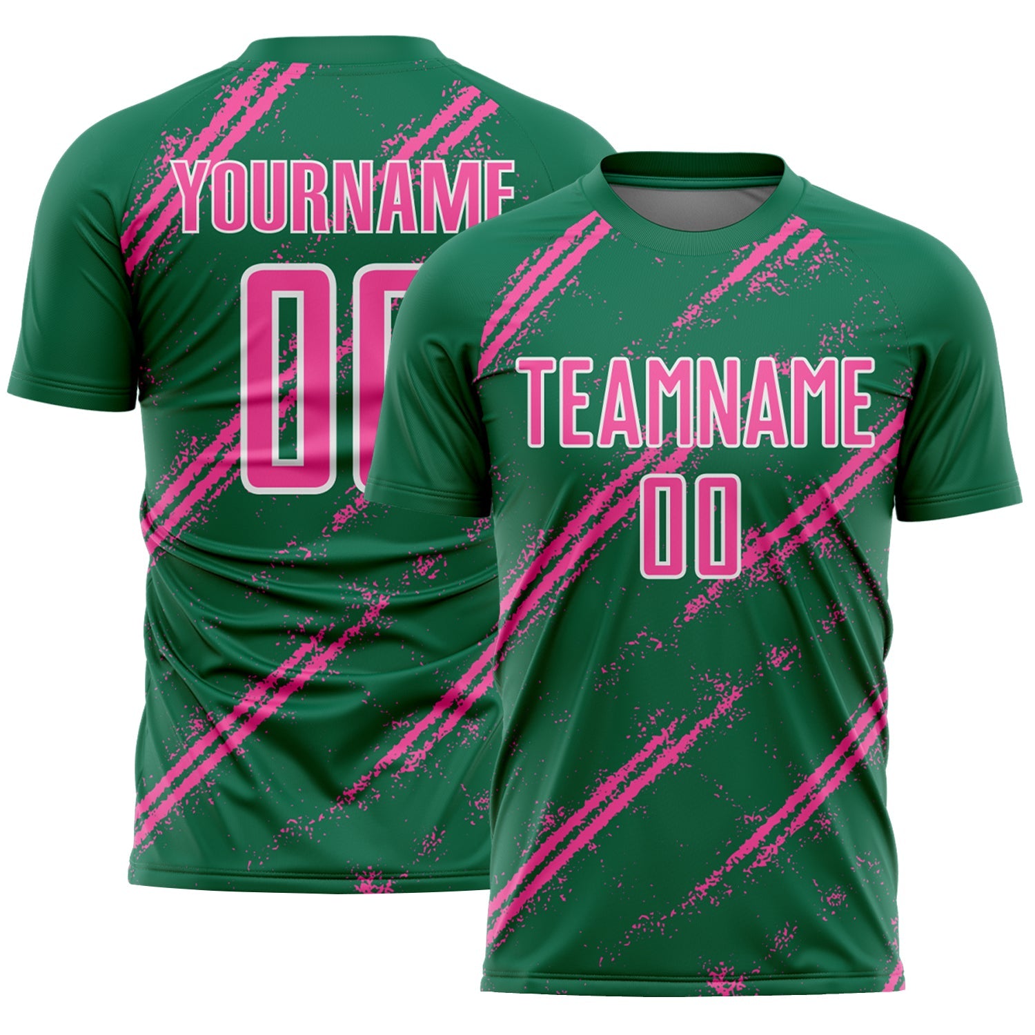 Custom Kelly Green Pink-White Abstract Fragment Art Splash Sublimation Soccer Uniform Jersey - Main View