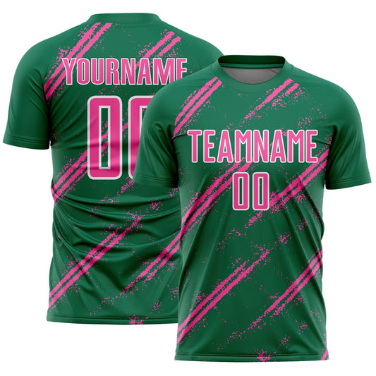 Custom Kelly Green Pink-White Abstract Fragment Art Splash Sublimation Soccer Uniform Jersey - Main View