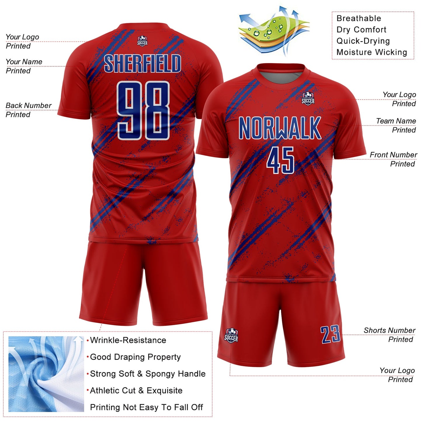 Custom Red Royal-White Abstract Fragment Art Splash Sublimation Soccer Uniform Jersey view 4