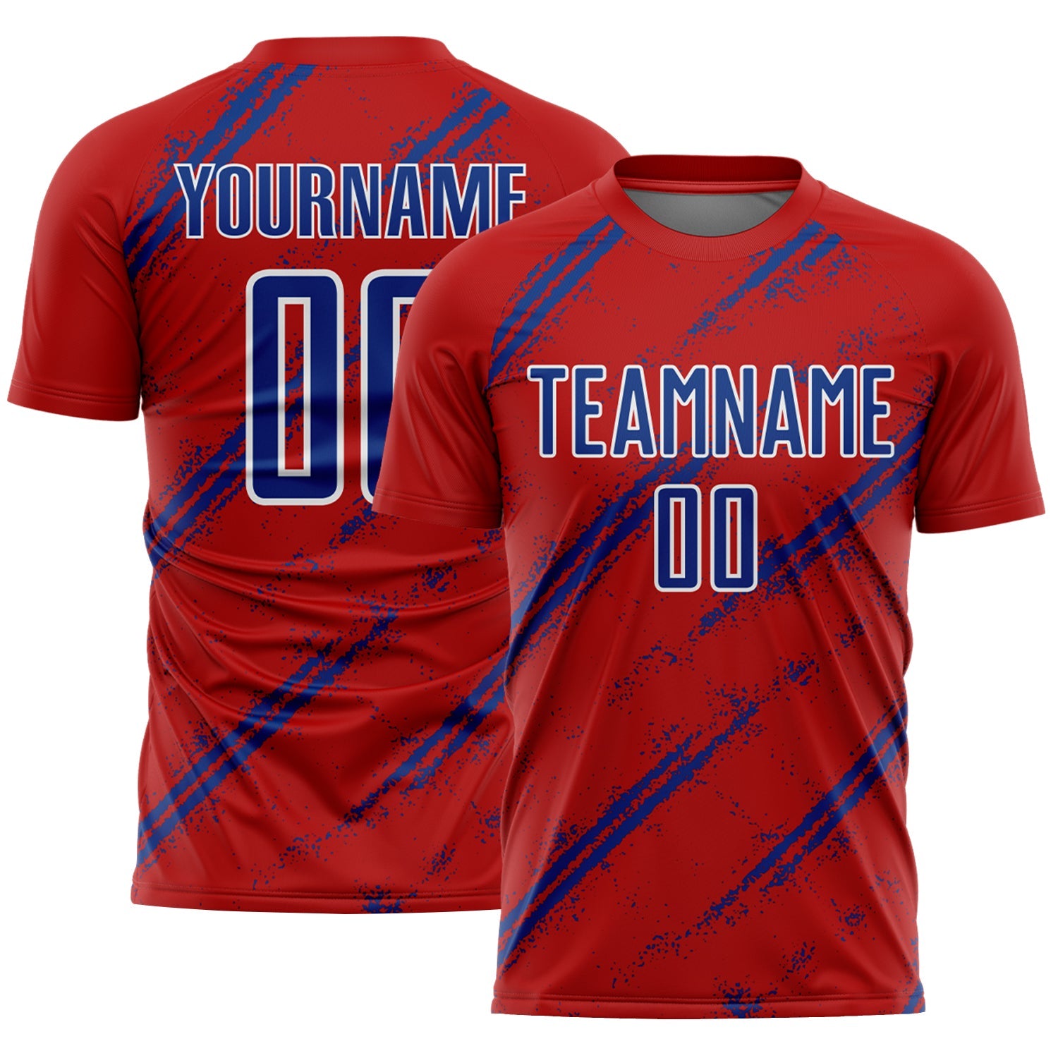 Custom Red Royal-White Abstract Fragment Art Splash Sublimation Soccer Uniform Jersey - Main View