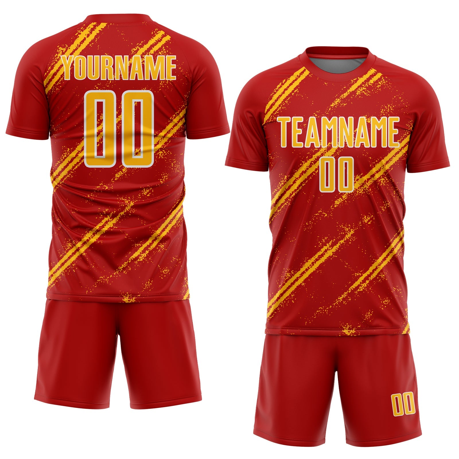 Custom Red Gold-White Abstract Fragment Art Splash Sublimation Soccer Uniform Jersey view 2