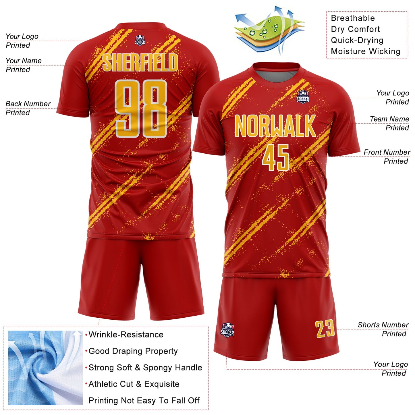 Custom Red Gold-White Abstract Fragment Art Splash Sublimation Soccer Uniform Jersey view 4