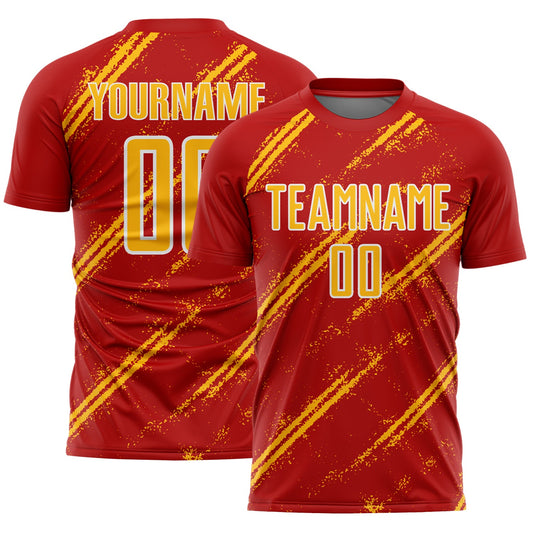 Custom Red Gold-White Abstract Fragment Art Splash Sublimation Soccer Uniform Jersey - Main View