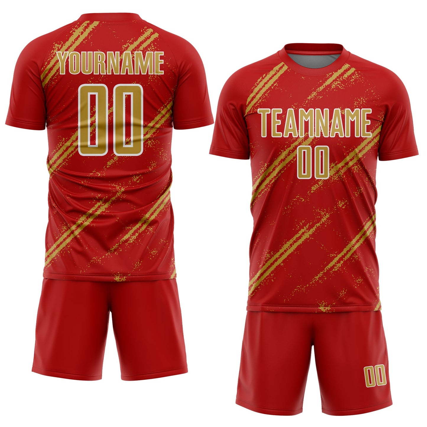 Custom Red Old Gold-White Abstract Fragment Art Splash Sublimation Soccer Uniform Jersey view 2