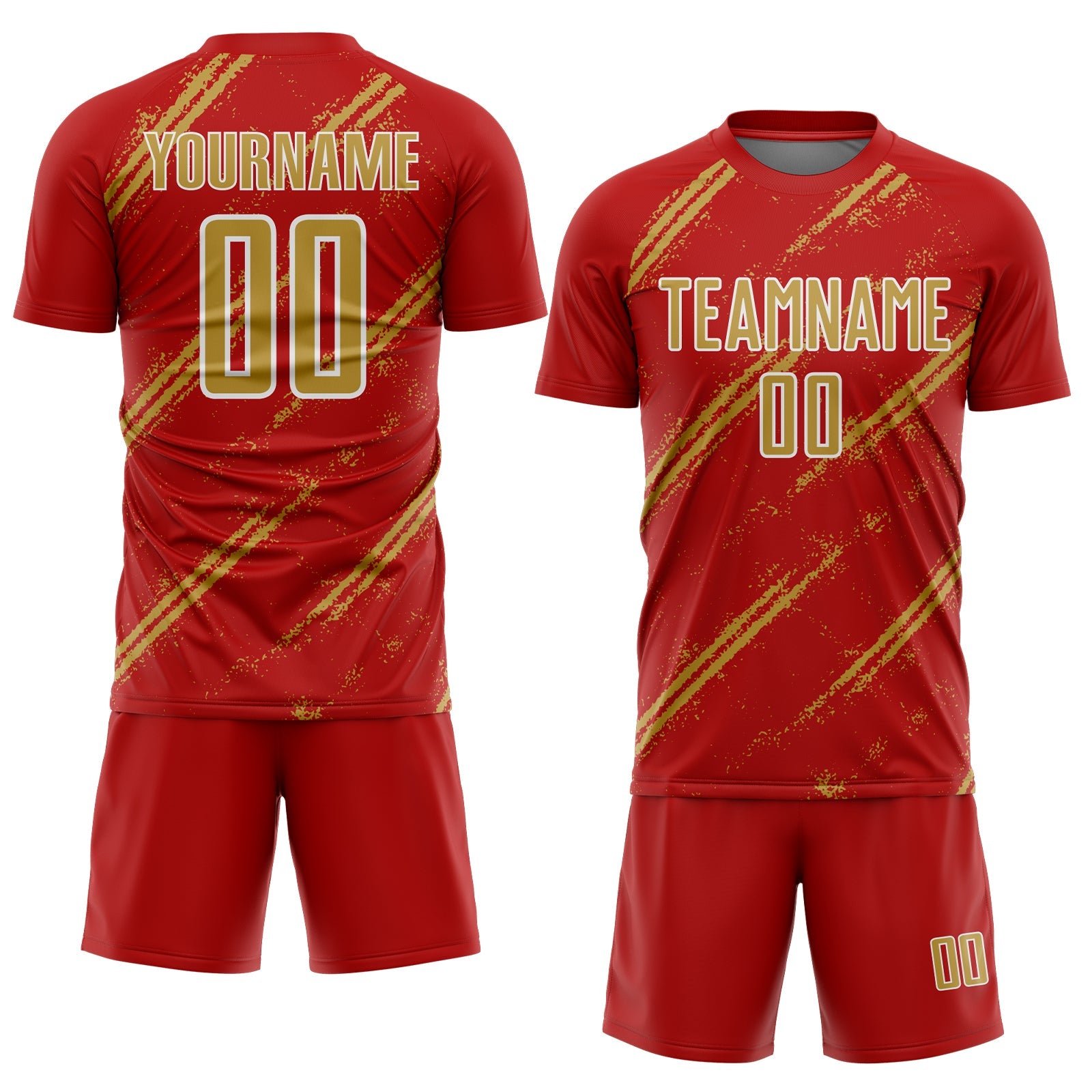 Custom Red Old Gold-White Abstract Fragment Art Splash Sublimation Soccer Uniform Jersey view 2