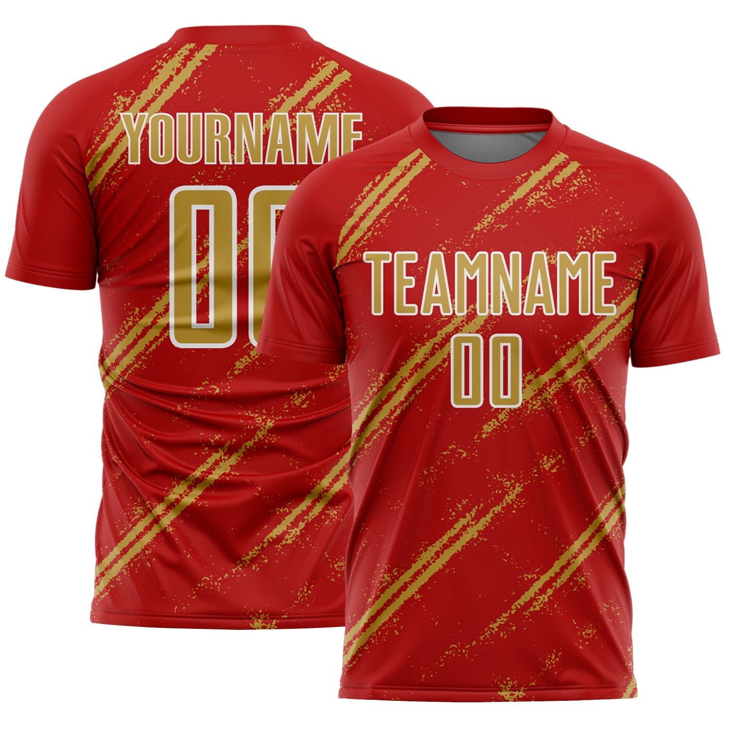 Custom Red Old Gold-White Abstract Fragment Art Splash Sublimation Soccer Uniform Jersey - Main View