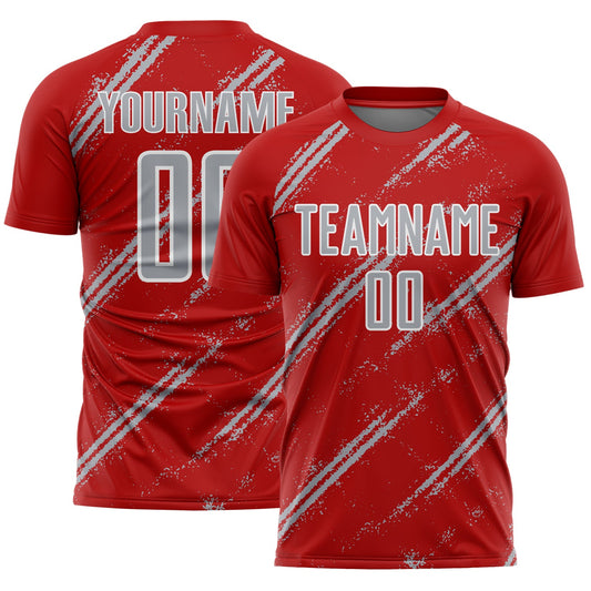 Custom Red Gray-White Abstract Fragment Art Splash Sublimation Soccer Uniform Jersey - Main View