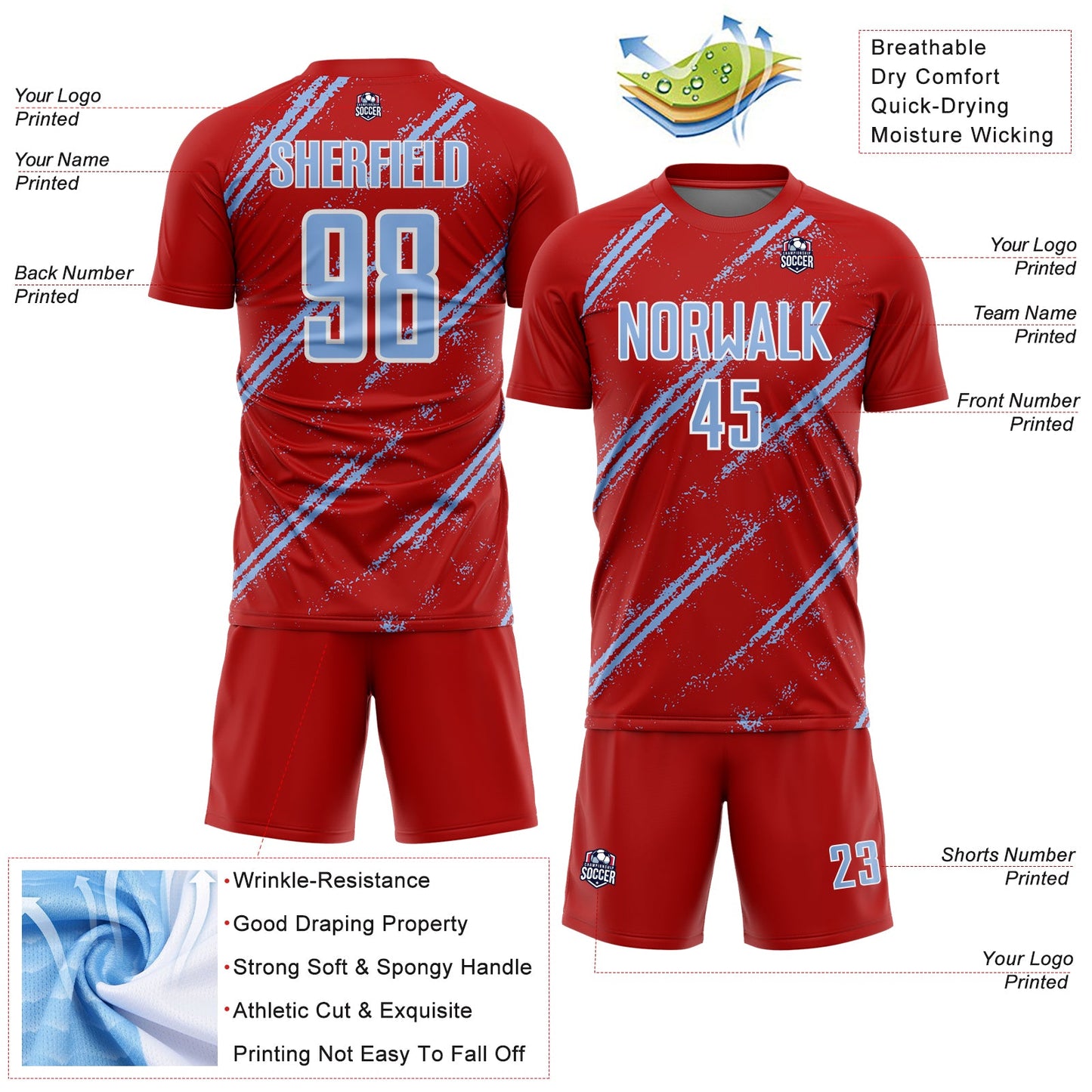 Custom Red Light Blue-White Abstract Fragment Art Splash Sublimation Soccer Uniform Jersey view 4