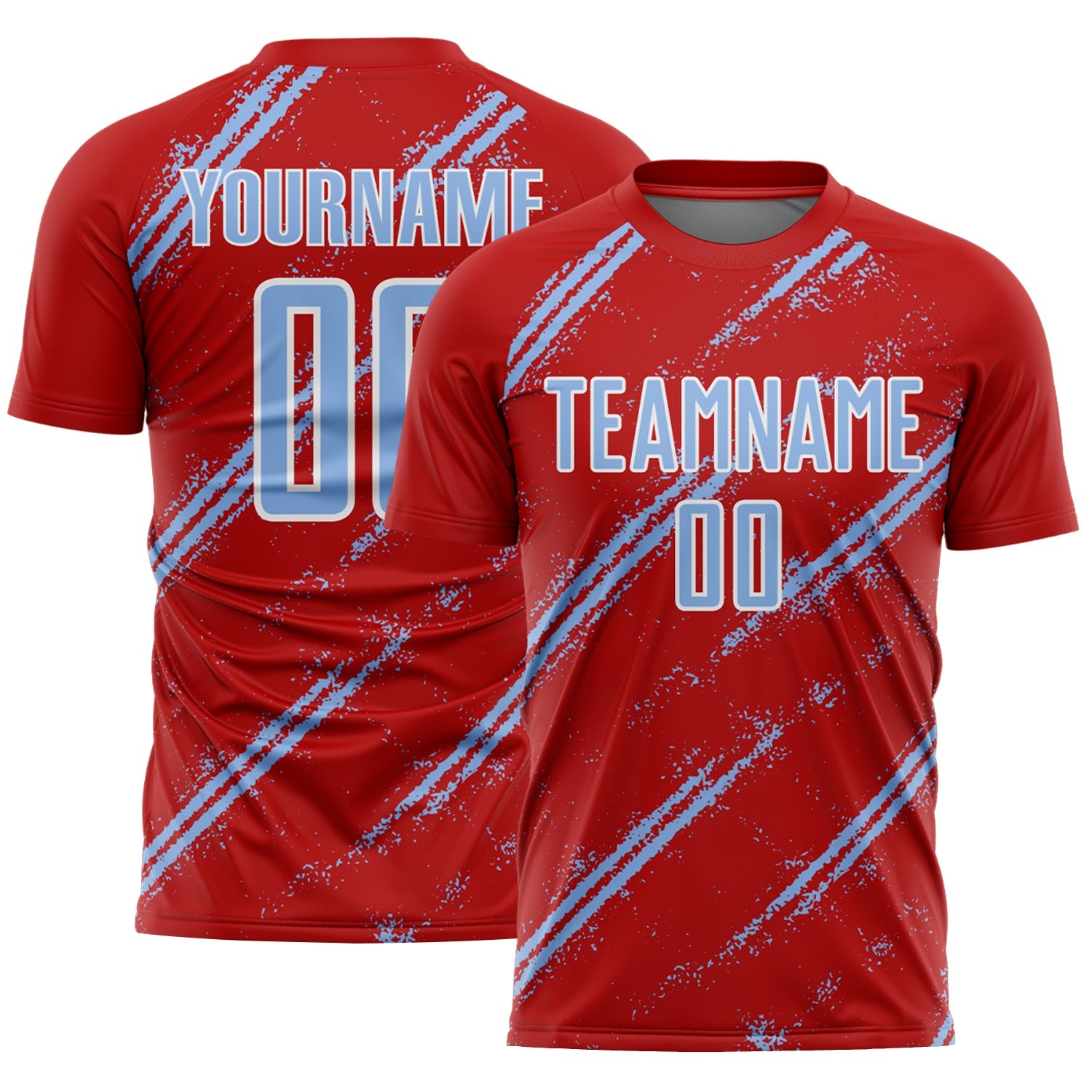 Custom Red Light Blue-White Abstract Fragment Art Splash Sublimation Soccer Uniform Jersey - Main View