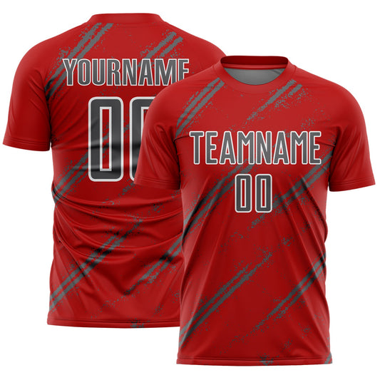Custom Red Steel Gray-White Abstract Fragment Art Splash Sublimation Soccer Uniform Jersey - Main View