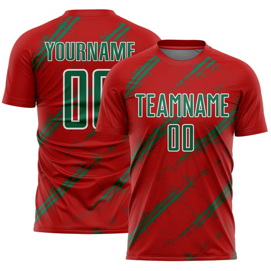 Custom Red Kelly Green-White Abstract Fragment Art Splash Sublimation Soccer Uniform Jersey - Main View