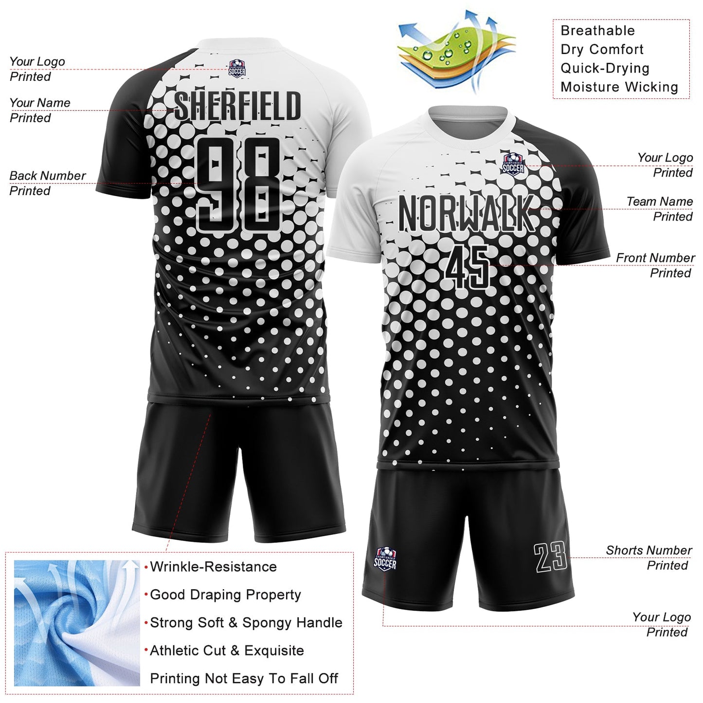 Custom Black White Modern Polka Dot Sublimation Soccer Uniform Jersey view 4