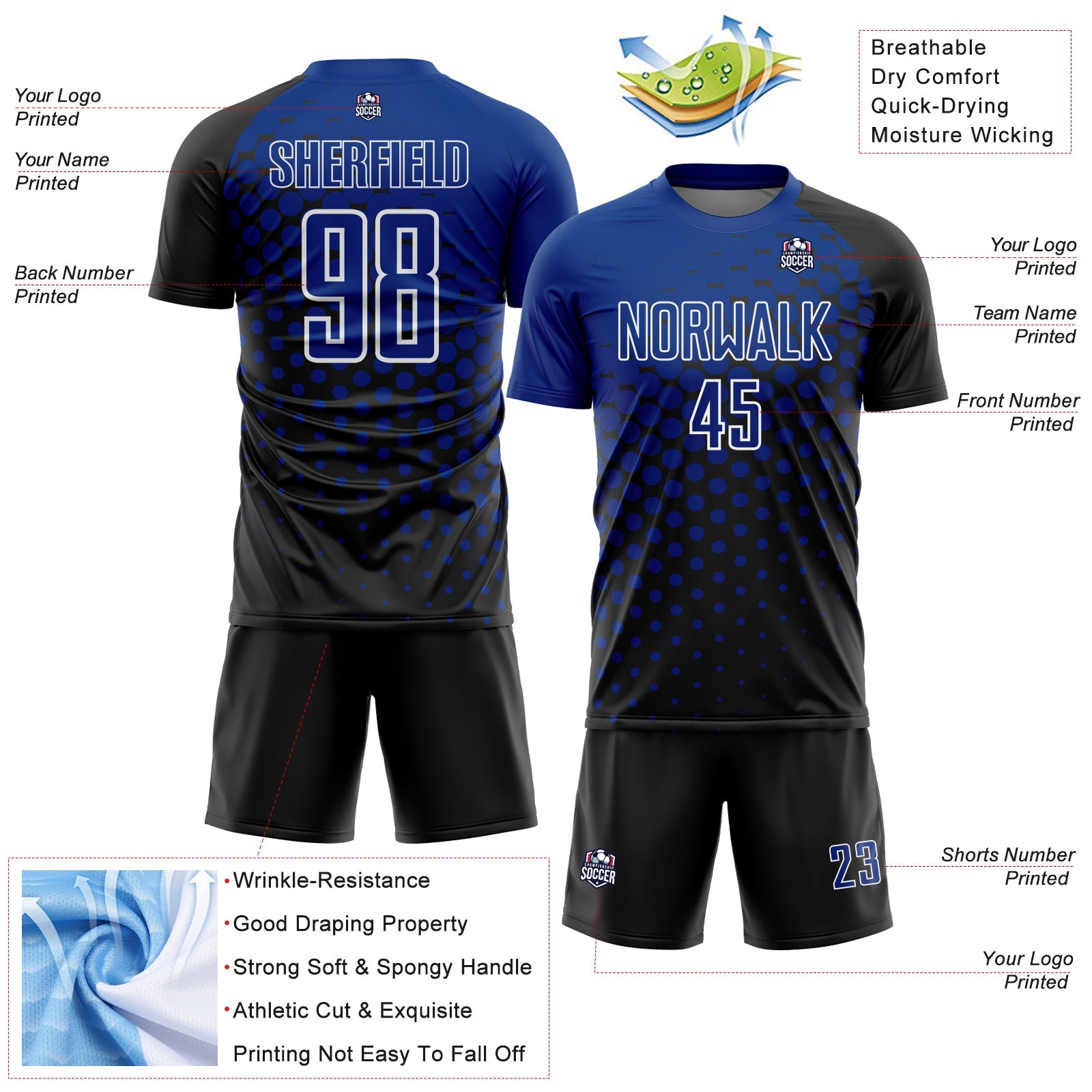 Custom Black Royal-White Modern Polka Dot Sublimation Soccer Uniform Jersey view 4